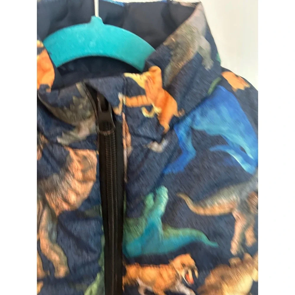 MoMoLand Puffer Vest Blue Dinosaur Tiger Print Zip Up Quilted Sleeveless Jacket‎
